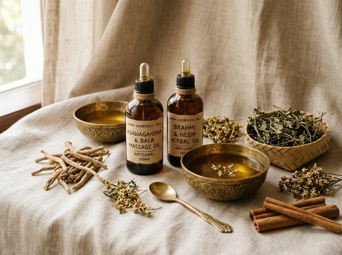 Artisanal Ayurvedic medicated massage oils and herbs at Aayur Touch Cameron Park